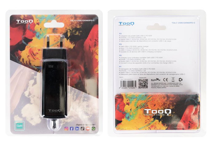 Tooq Tqlc Chargeur Mural USB-C GaN 65 W Power Delivery Noir, Longueur de Câble 1,8 m Tooq Tqlc Chargeur Mural USB-C GaN 65 W Power Delivery Noir, Longueur de Câble 1,8 m