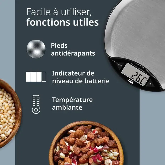 ADE Balance de cuisine numérique Anja - Thermomètre inclus - Plateau inox - Capacité 5 kg / Précision 1 g - Écran LCD - Alimentée par pile - Garantie 3 ans