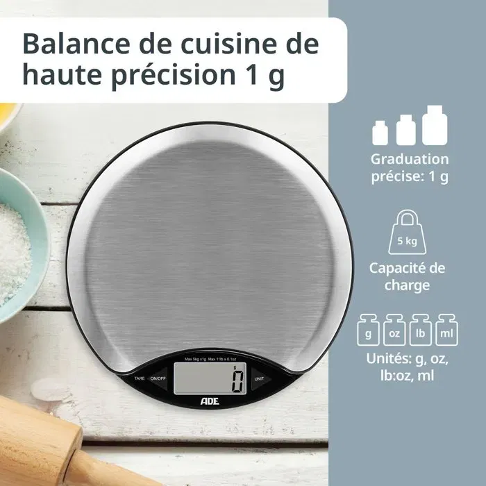 ADE Balance de cuisine numérique Anja - Thermomètre inclus - Plateau inox - Capacité 5 kg / Précision 1 g - Écran LCD - Alimentée par pile - Garantie 3 ans