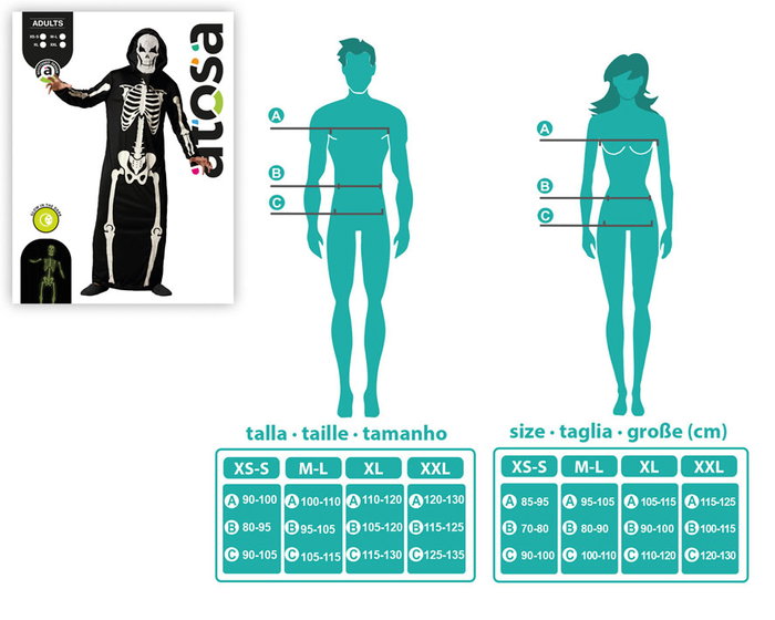 Marque Inconnue Déguisement Homme Adulte Squelette Fluorescent à Capuche, Effet Luminescent dans le Noir, Noir, Taille XL, pour Halloween et Fêtes