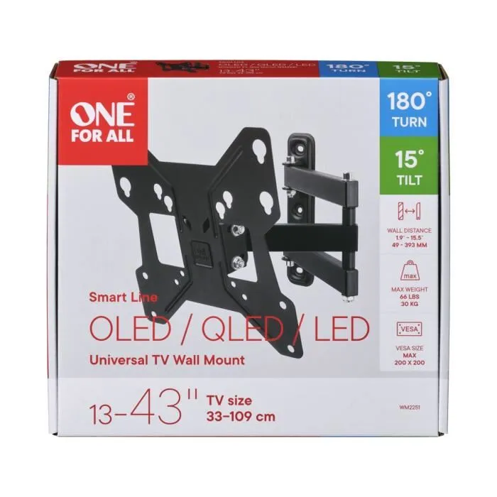 One For All WM2241 Support mural TV inclinable 15° et orientable 180° pour écrans 13 à 43" (33-109 cm) - Compatible TV incurvée - Max 30 kg