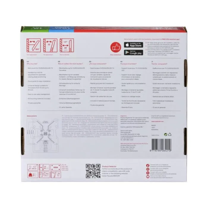 One For All WM2241 Support mural TV inclinable 15° et orientable 180° pour écrans 13 à 43" (33-109 cm) - Compatible TV incurvée - Max 30 kg