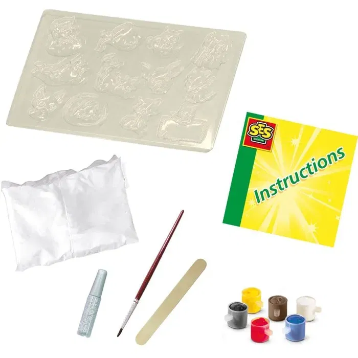 Ses Creative Kit de Moulage en Plâtre Chiens et Chats, avec Peinture Jaune Verte et Rose, pour Enfant de 5 ans et Plus, Fabriqué aux Pays-Bas