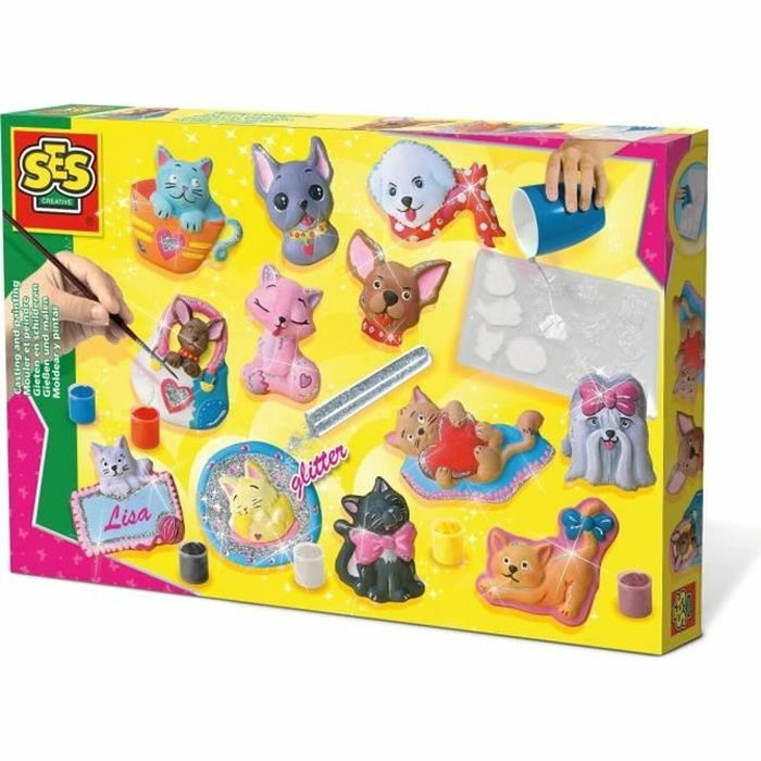 SES Creative Moulage en plâtre chiens et chats - Jaune, vert et rose