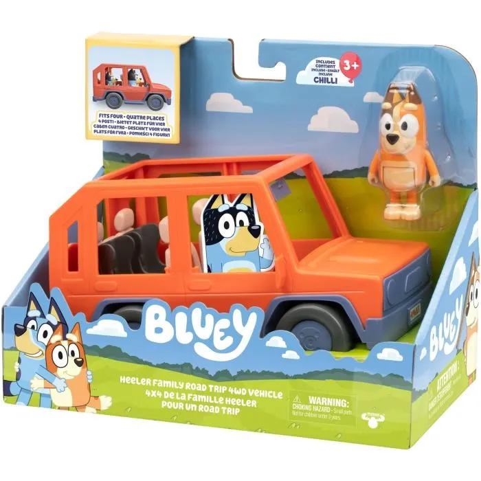 Bluey - Véhicule familial avec figurine Chilli et accessoires - Voiture de jeu avec toit ouvrant et autocollants