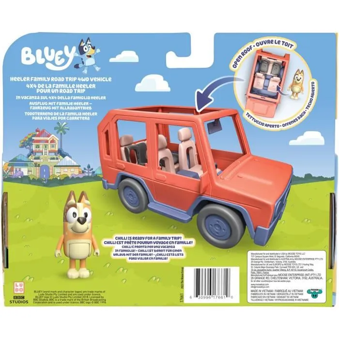 Bluey - Véhicule familial avec figurine Chilli et accessoires - Voiture de jeu avec toit ouvrant et autocollants