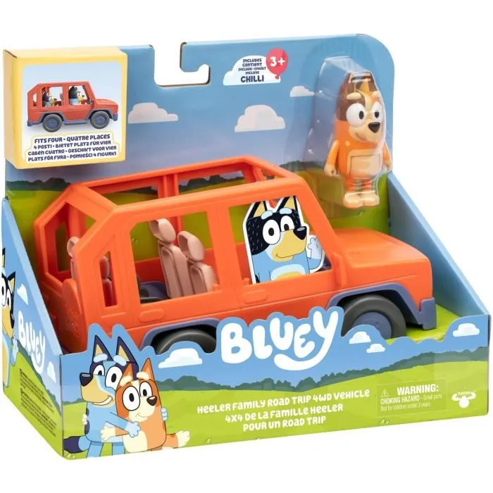 Bluey - Véhicule familial avec figurine Chilli et accessoires - Voiture de jeu avec toit ouvrant et autocollants