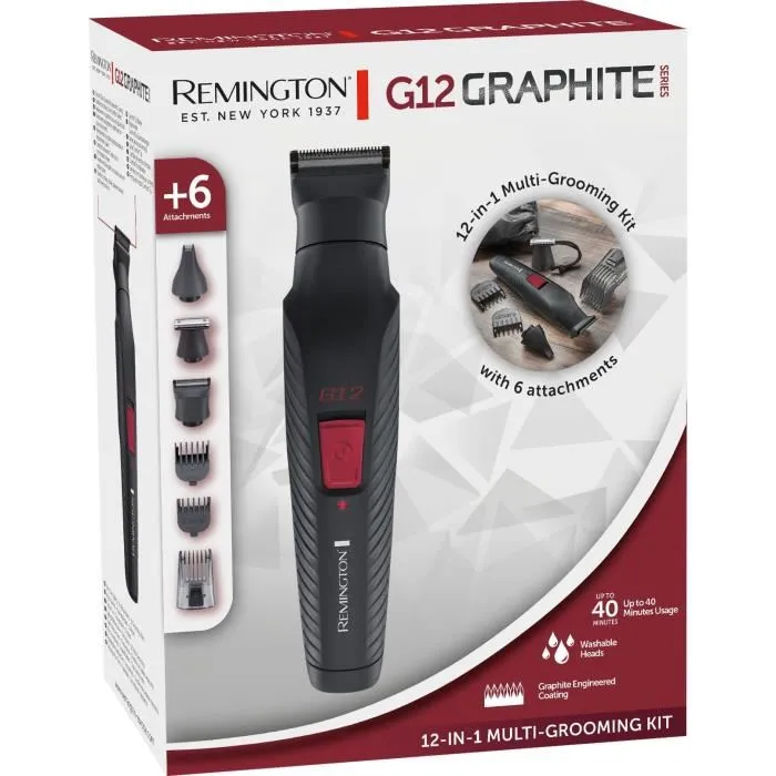Remington G12 Graphite Series - Kit Multifonction Barbier 12 en 1 - Lames Auto-Affûtées - Autonomie 40 min - Recharge USB