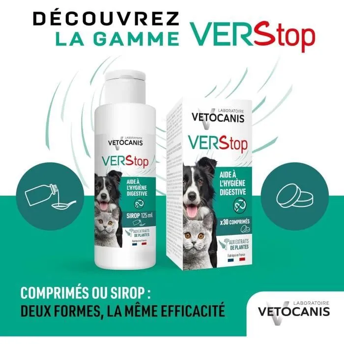 Vetocanis VERSTOP - Sirop d'aide à l'hygiène digestive pour chien et chat aux extraits de plantes - 125 ml - Fabriqué en France