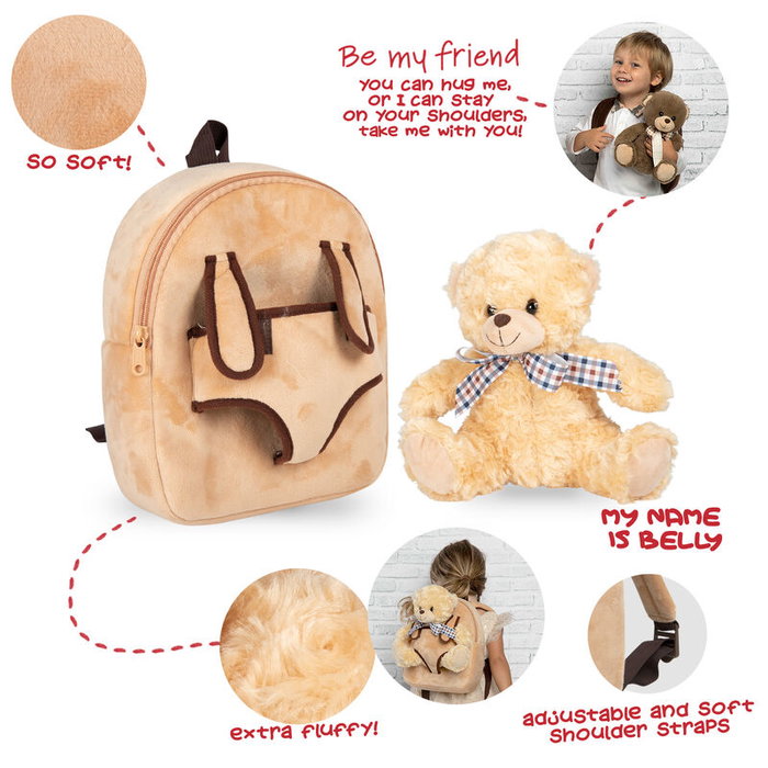 PERLETTI Mochila + Peluche Ours Belly 26cm, Sac à Dos avec Ours en Peluche, Dimensions 26x21x8 cm