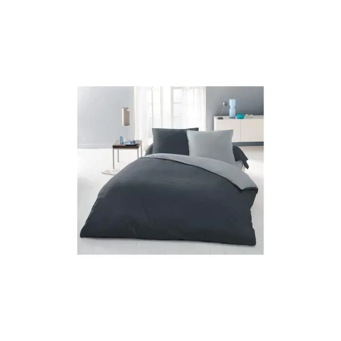 Lovely Home Parure de couette 220x240 cm 100% Coton 54 fils/cm² - Housse de couette et 2 taies 65x65 cm - Bicolore Gris clair et Gris foncé - Pour lit 2 personnes