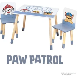 ROBA Set Table et 2 Chaises Enfant Pat'Patrouille - Blanc, Ciel, Naturel - MDF et Pieds en Bois Massif - Pour Enfants de 18 Mois à 10 Ans