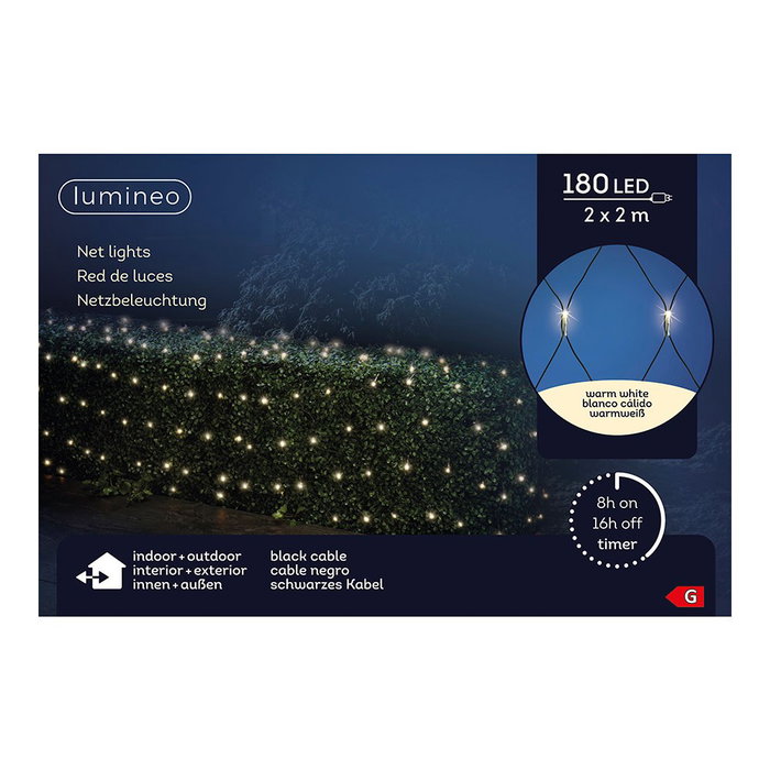 Lumineo Filet de lumières LED blanc chaud, 2 x 2 m, câble noir
