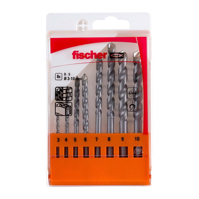 Fischer Jeu de 8 forets de percussion 3/4/5/6/7/8/9/10 mm - Pointe carbure pour béton, maçonnerie, pierre Fischer Jeu de 8 forets de percussion 3/4/5/6/7/8/9/10 mm - Pointe carbure pour béton, maçonnerie, pierre