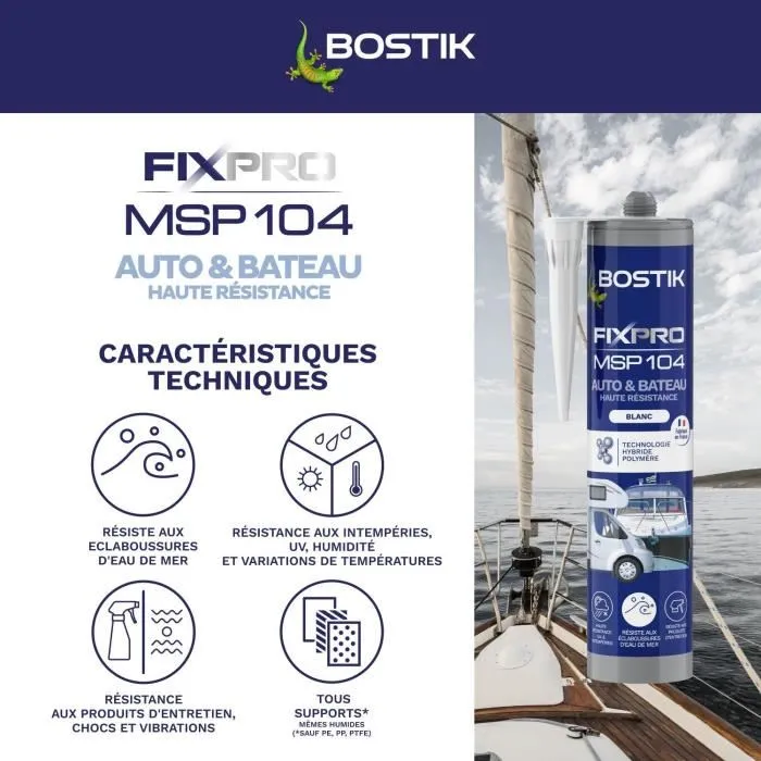 Bostik Fixpro MSP 104 - Mastic colle multifonction pour véhicule et bateau - Résiste aux intempéries et à l'eau de mer - Blanc - 290 ml