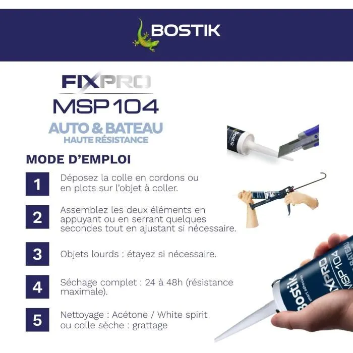 Bostik Fixpro MSP 104 - Mastic colle multifonction pour véhicule et bateau - Résiste aux intempéries et à l'eau de mer - Blanc - 290 ml