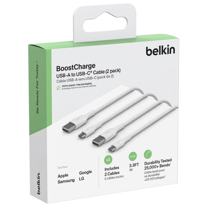 Belkin Pack de 2 câbles BoostCharge USB-C vers USB-A, 1m, blanc Belkin Pack de 2 câbles BoostCharge USB-C vers USB-A, 1m, blanc