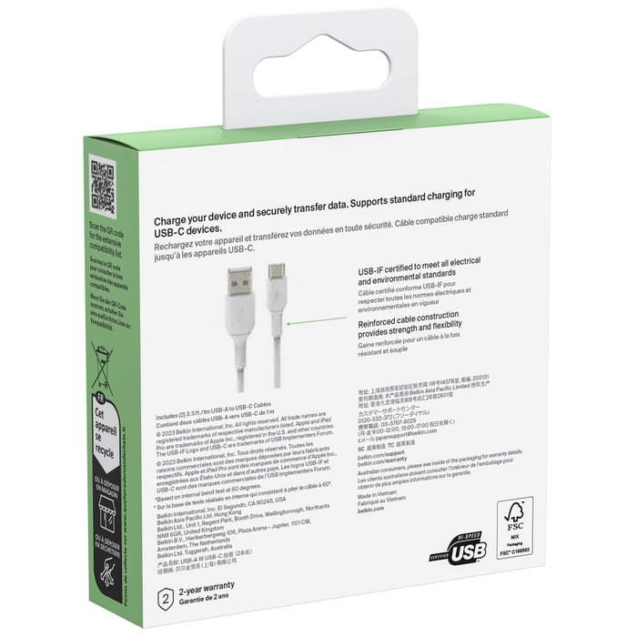 Belkin Pack de 2 câbles BoostCharge USB-C vers USB-A, 1m, blanc Belkin Pack de 2 câbles BoostCharge USB-C vers USB-A, 1m, blanc