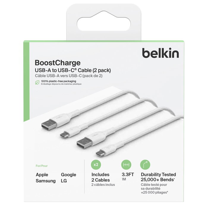 Belkin Pack de 2 câbles BoostCharge USB-C vers USB-A, 1m, blanc Belkin Pack de 2 câbles BoostCharge USB-C vers USB-A, 1m, blanc