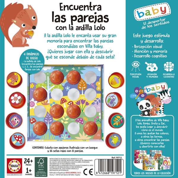 Educa - Jeu de mémoire 'Trouve les paires' avec La Ardilla Lolo - Version espagnol et anglais - Jeu éducatif pour enfants 2 à 4 ans