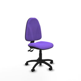 Chaise de bureau Algarra avec mécanisme asynchrone, revêtue de tissu couleur lilas. Équipée d'une base en polyamide noir, sans accoudoirs et de roulettes en nylon de 50 mm.