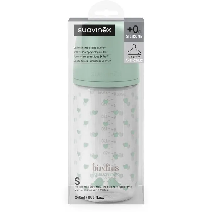 Suavinex Biberon en verre Birdies 240 ml avec tétine physiologique SX Pro à débit lent - Vert - 3 à 6 mois