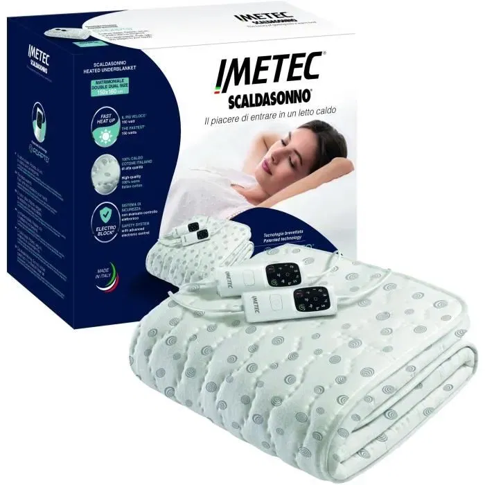Imetec Surmatelas Chauffant 2 Places Adapto, 150x160 cm, 100% Coton, 6 Niveaux de Température, Chauffage Rapide et Intelligent, Arrêt Automatique