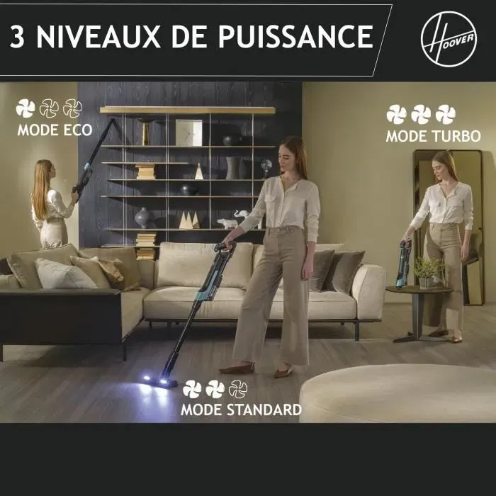 Hoover HF201P Aspirateur balai sans fil 14V, ultra-léger, puissance Turbo 50AW, turbobrosse spécial animaux, technologie de compression x3, avec brosse parquet anti-twist et LED
