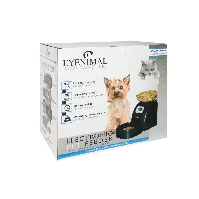 EYENIMAL Distributeur automatique de croquettes programmable, 5 kg, 3 repas/jour, écran LCD, pour chat et petit chien, noir