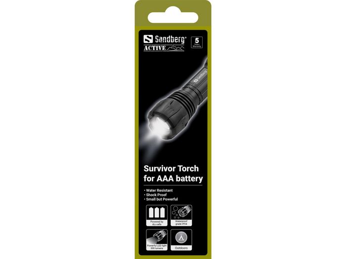 Sandberg Lampe Torche Survivor, Lampe de Poche Compacte et Puissante avec Zoom Réglable, Imperméable et Antichoc, pour Piles AAA