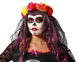 Déguisement de Catrina Noir avec Vole et Fleurs Colorées pour Halloween, Día de los Muertos, Fêtes Thématiques et Soirées, Costume Élégant pour Adultes