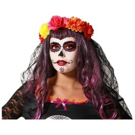 BigBuy Carnival Déguisement de Catrina Noir avec Voile et Fleurs Colorées