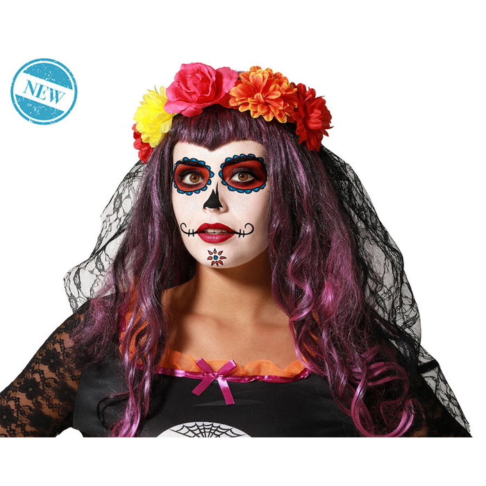 BigBuy Carnival Déguisement de Catrina Noir avec Voile et Fleurs Colorées