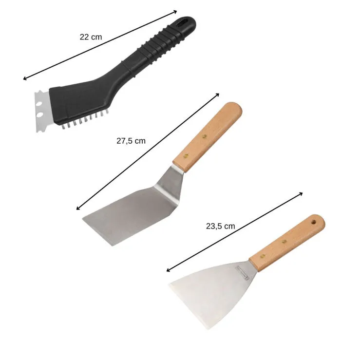 Fackelmann Professional Ensemble 3 Ustensiles pour Plancha : Racloir de Nettoyage, Spatule Coudée et Spatule Plate - Ustensiles Professionnels en Bois et Acier Inoxydable