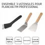 Fackelmann Professional Ensemble 3 Ustensiles pour Plancha : Racloir de Nettoyage, Spatule Coudée et Spatule Plate - Ustensiles Professionnels en Bois et Acier Inoxydable