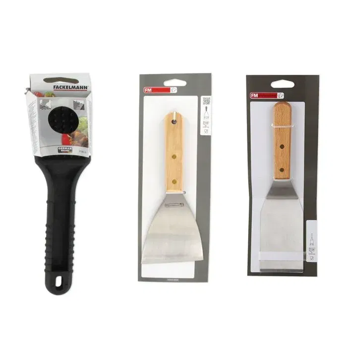 Fackelmann Professional Ensemble 3 Ustensiles pour Plancha : Racloir de Nettoyage, Spatule Coudée et Spatule Plate - Ustensiles Professionnels en Bois et Acier Inoxydable