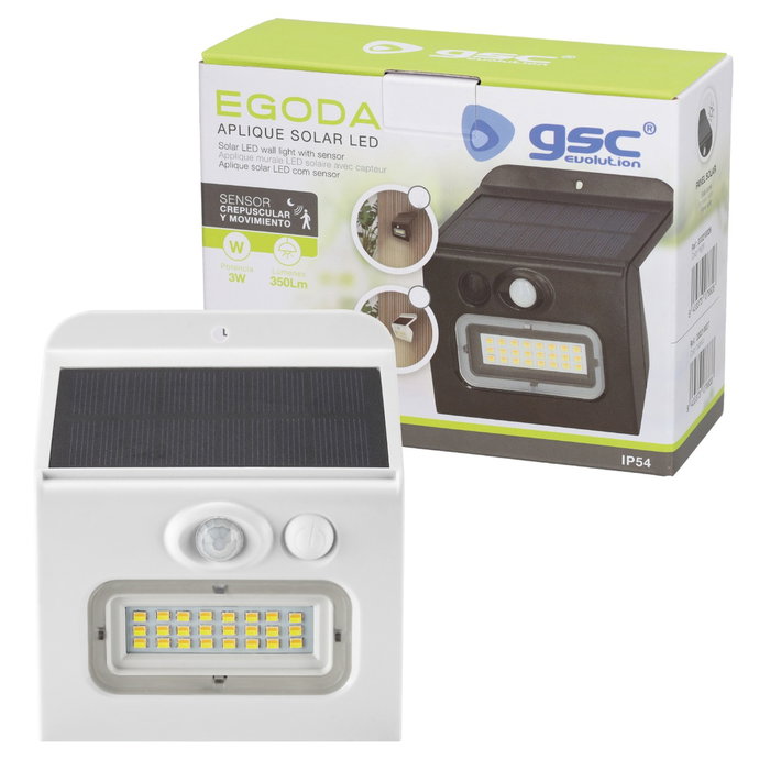 GSC Evolution Aplique solaire LED Egoda 3W Blanc avec capteur de mouvement et crépusculaire, 350 lm, réglable 3000-6500K