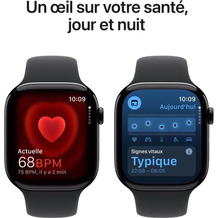 Apple Watch Series 10 GPS + Cellular 46 mm Boîtier Aluminium Noir Minuit Bracelet Sport Noir S/M WAT10CEL46BLASM