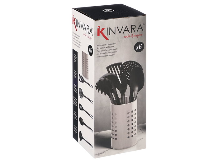 Kinvara Set de 5 ustensiles de cuisine avec support en acier gris et noir 12x30x12 cm (Set de 12)