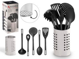 Kinvara Set de 5 ustensiles de cuisine avec support en acier gris et noir 12x30x12 cm (Set de 12)
