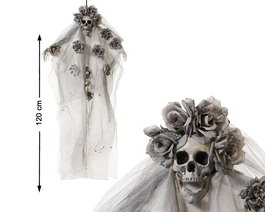 Figure squelette décoratif suspendu avec roses et chapeau blanc 120 cm, décoration élégante grise pour Halloween et Jour des Morts