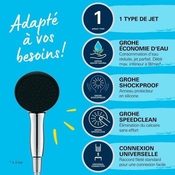 Grohe Vitalio Start 110 Ensemble flexible et pommeau de douche 1 jet (Pluie) Grohe Vitalio Start 110 Ensemble flexible et pommeau de douche 1 jet (Pluie)