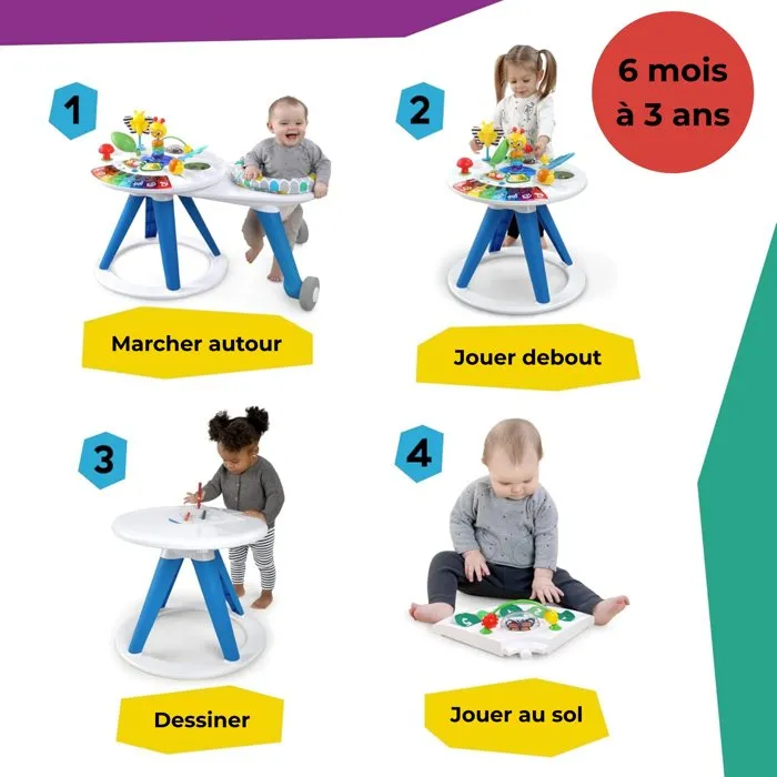 Baby Einstein Table d'activités 4 en 1 évolutive pour bébé - Centre d'activités trotteur pivotant 360° avec piano, musique et art