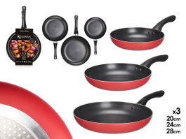Kinvara Set 3 Poêles Aluminium Rouge 28x46x15 cm Antiadhésif Compatible Induction (Set de 6)