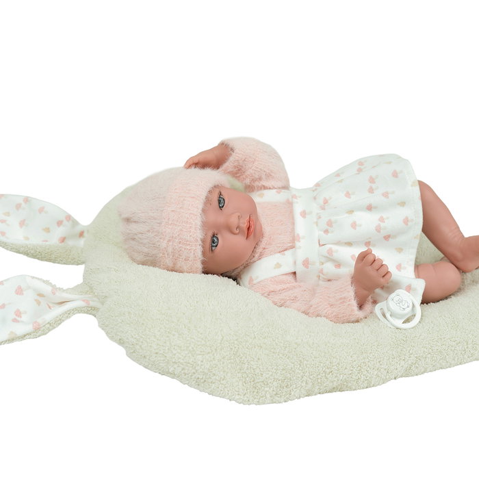Muñecas Arias Poupée Aria 40 cm Beige avec coussin, sucette, couche et livre de famille - Corps souple et membres en vinyle