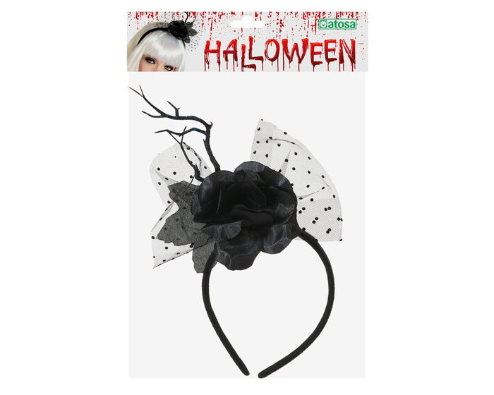Diadema Halloween Femme Adulte avec Laze et Rose Noire, Tocado Fantaisie pour Déguisement Gothique ou Vampire