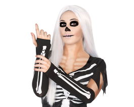 Guantes longs noirs avec impression d'os pour déguisement de squelette, accessoire adulte Halloween en polyester