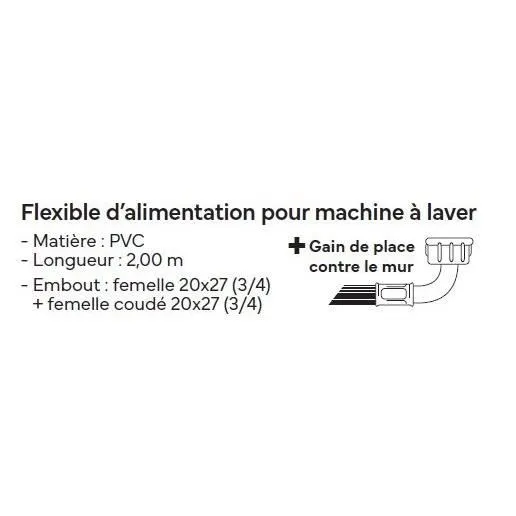 Novobain Flexible d'alimentation pour lave-linge, 2 m, PVC, embout femelle droit et coudé 20x27, installation rapide