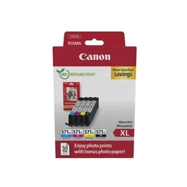 Canon CLI-571XL - Cartouches d'encre Noir, Cyan, Magenta, Jaune (4 couleurs) - Haut rendement - Compatibles PIXMA - Inclus pack de papiers photo