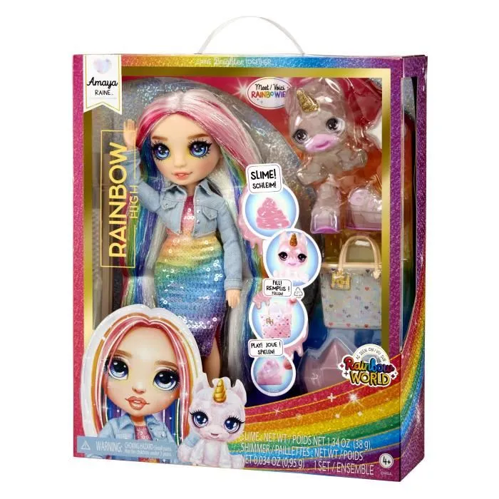 Rainbow High Poupée Mannequin Amaya Raine 28 cm avec Kit de Slime et Animal de Compagnie Licorne Pailletée